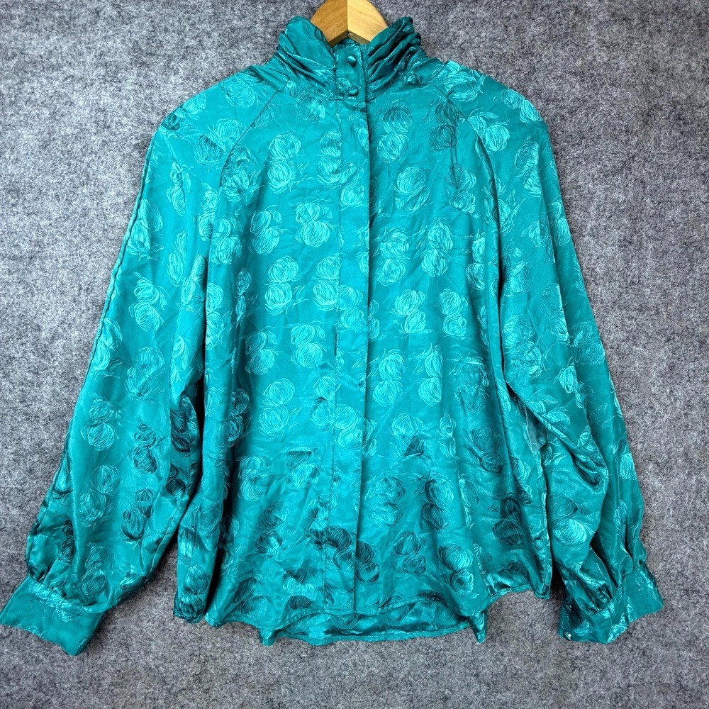 Vintage Hunts Point Secretary Blouse Women 16 Teal Pleated Jacquard Office Siren